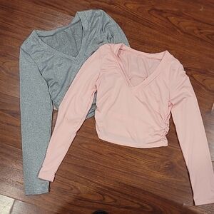 V-Neck Long Sleeve Tops - Gray and Pink